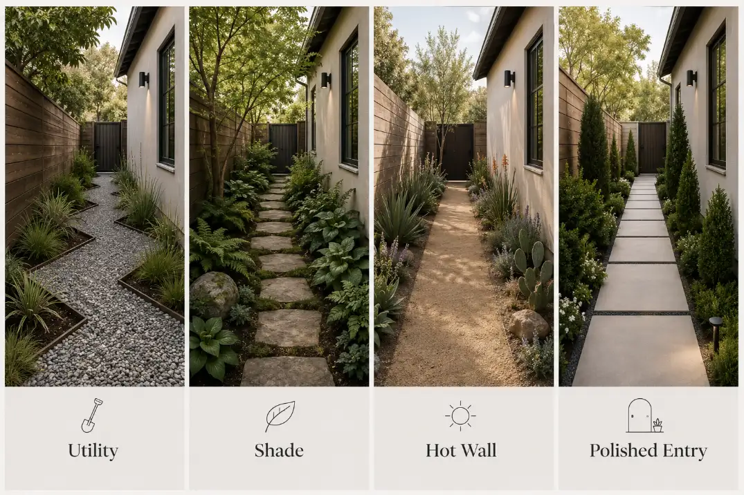 Four narrow side yard material and plant combinations showing gravel, stepping stones, decomposed granite, and pavers.