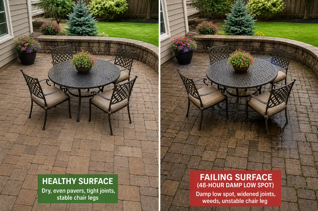 Comparison of a healthy dry paver patio beside an aging patio with damp low spots, widened joints, weeds, and uneven chair legs