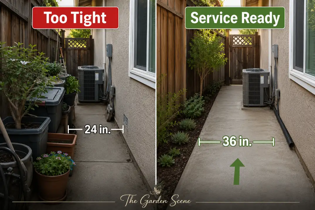 Comparison showing a side yard that is too tight for access beside one with a clear 36-inch service-ready route.