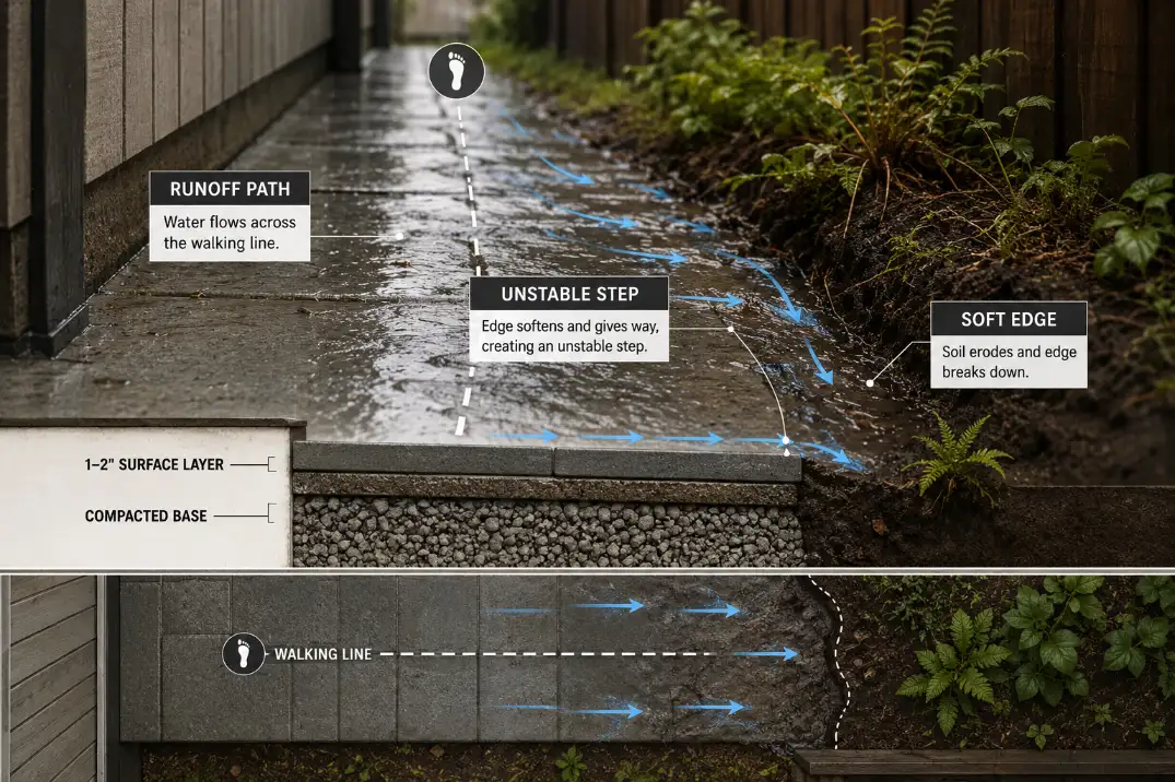 Diagram showing runoff crossing a side yard path and creating a soft edge that makes the walkway feel unstable.