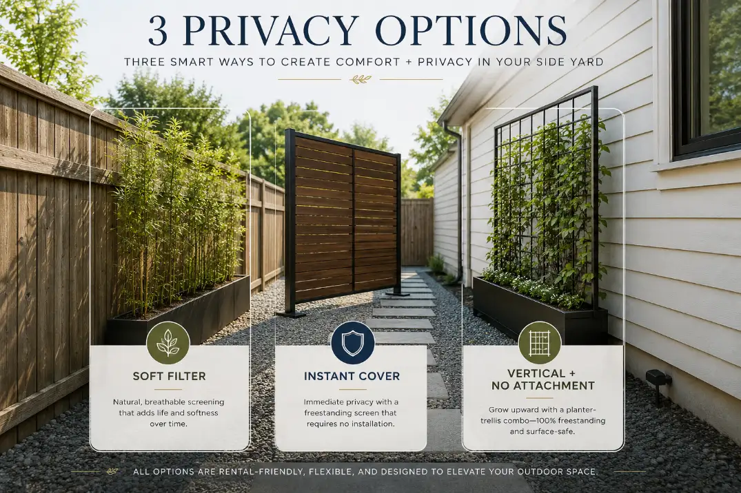 Decision visual comparing narrow trough planters, freestanding privacy screens, and planter-trellis screens for side yard privacy.