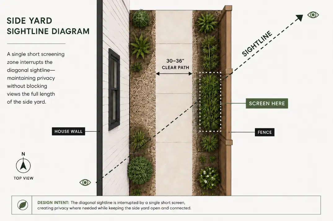 Top-view diagram of a narrow side yard showing the short sightline zone where a privacy screen should be placed while keeping a 30 to 36 inch path clear.