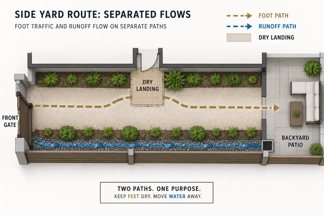 Diagram showing a side yard foot path separated from runoff so the route connects front and backyard better.