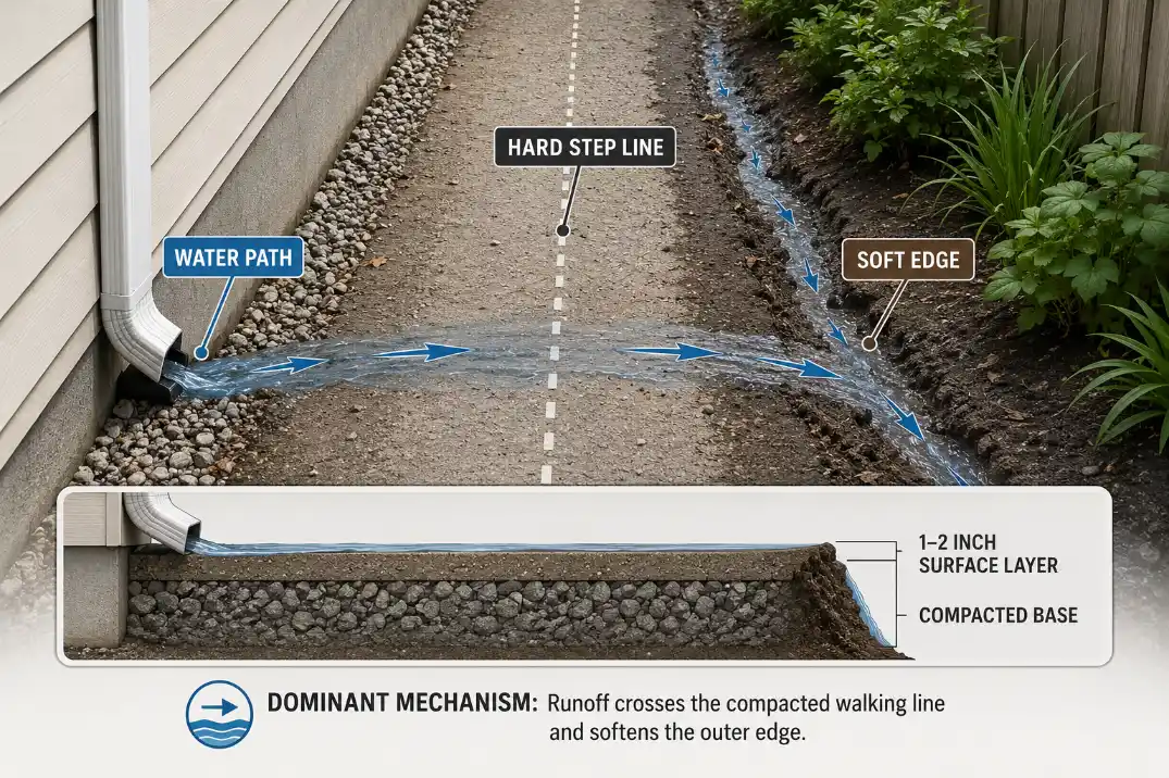 Diagram showing water crossing a compacted narrow side yard walkway and softening one edge of the path.