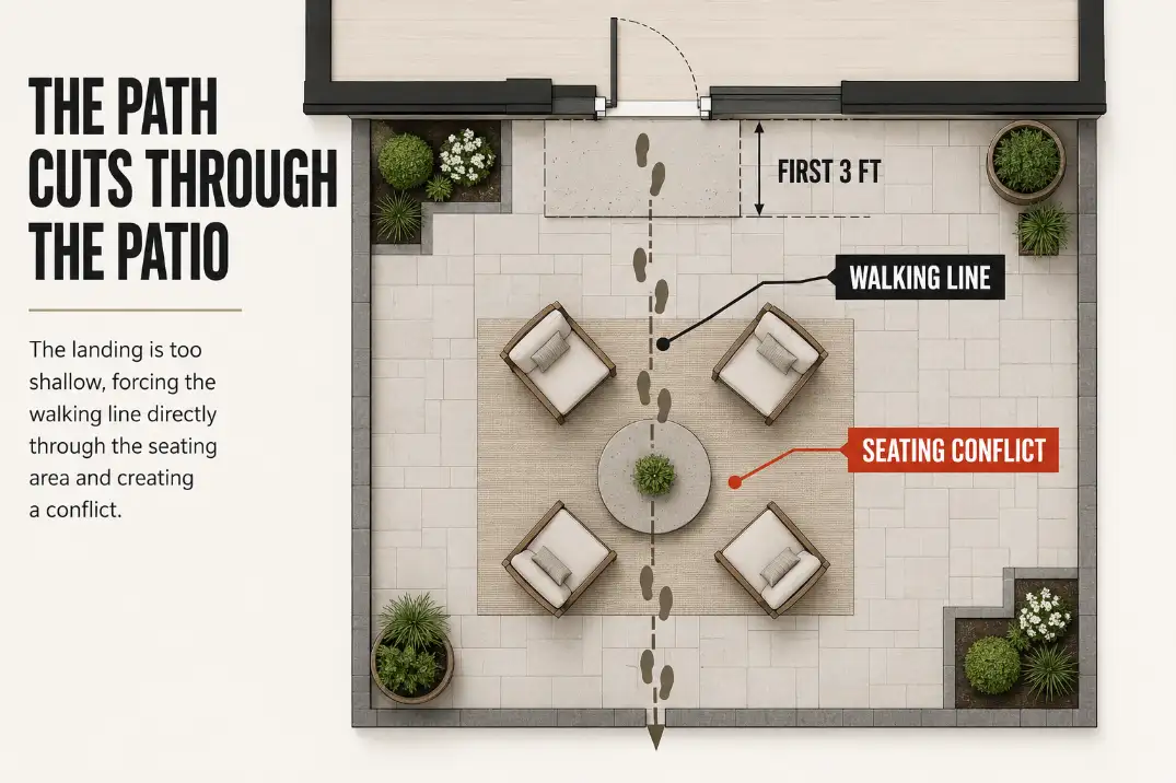 Top-down diagram showing a back door walking line cutting through the patio seating zone because the landing is too shallow.