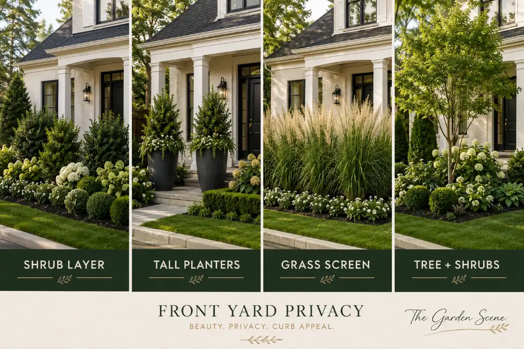 Four front yard privacy ideas without a fence showing shrubs, tall planters, ornamental grasses, and a small tree with shrubs.