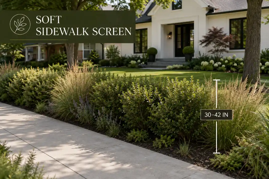 Sidewalk front yard privacy border with compact shrubs and grasses creating a 30 to 42 inch soft screen.