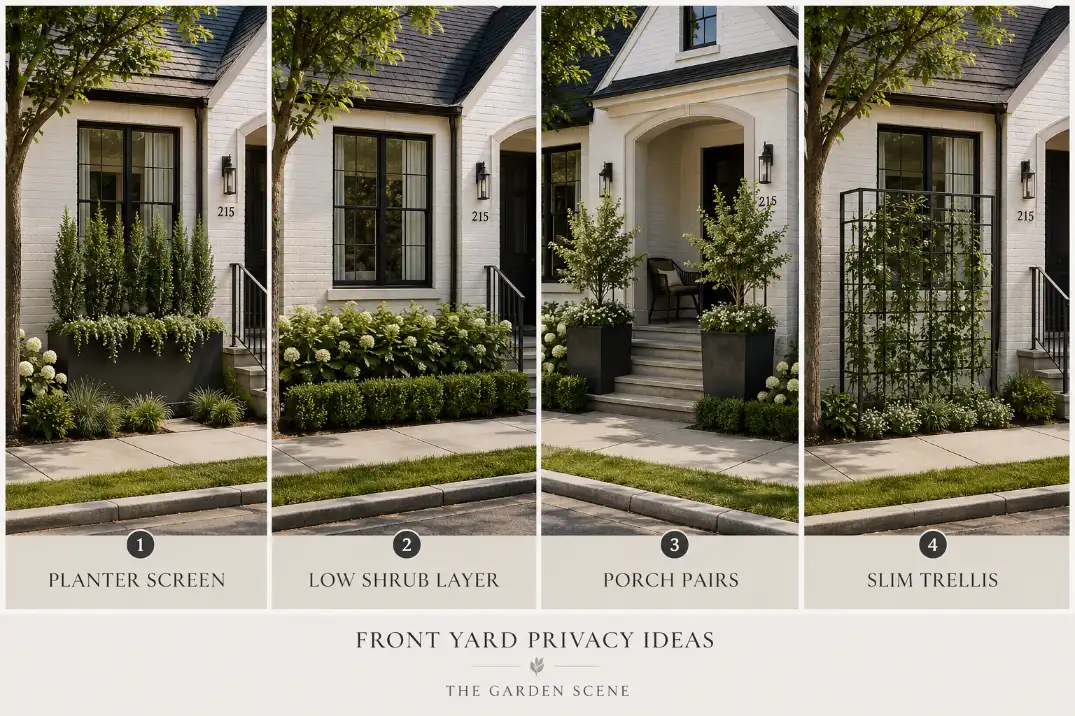 Four small front yard privacy ideas showing planter screens, half-height shrubs, porch planter pairs, and slim trellis screens.