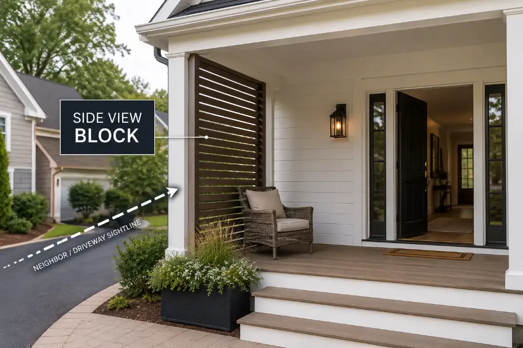 One-sided slatted screen with soft planting beside a front porch chair blocking the side view while leaving the door open.