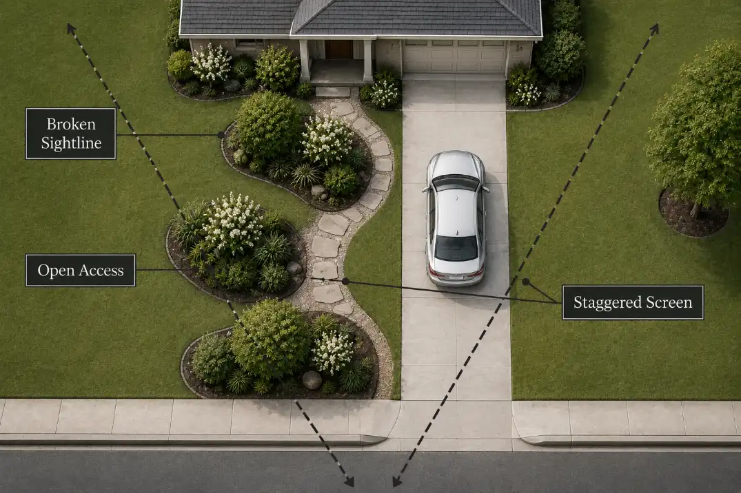 Overhead diagram showing staggered shrub islands breaking driveway sightlines while keeping walking gaps and driveway access open.