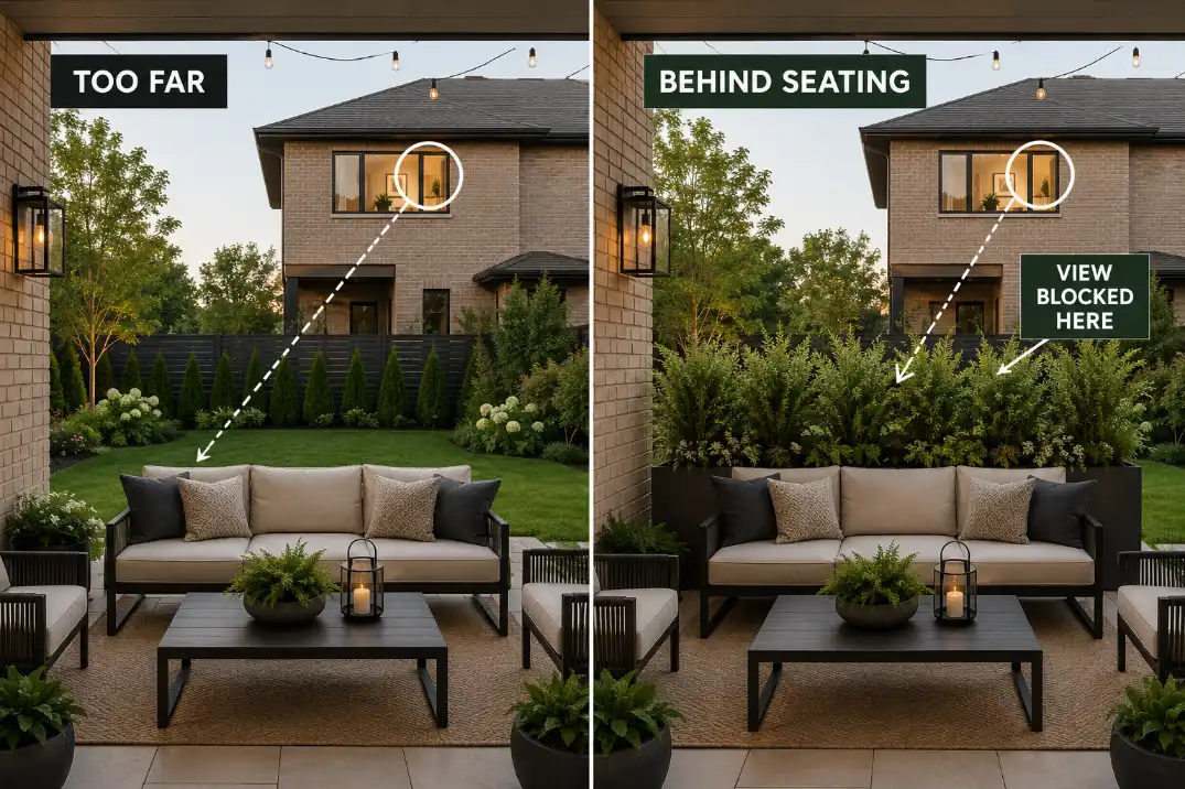 Comparison showing why a tall planter screen behind backyard seating gives better privacy than a distant property-line screen.