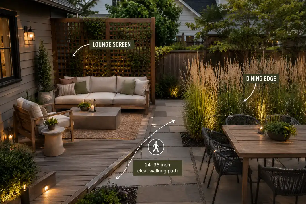 Patio with a trellis behind the lounge seating and tall grasses around the dining edge for different privacy needs.