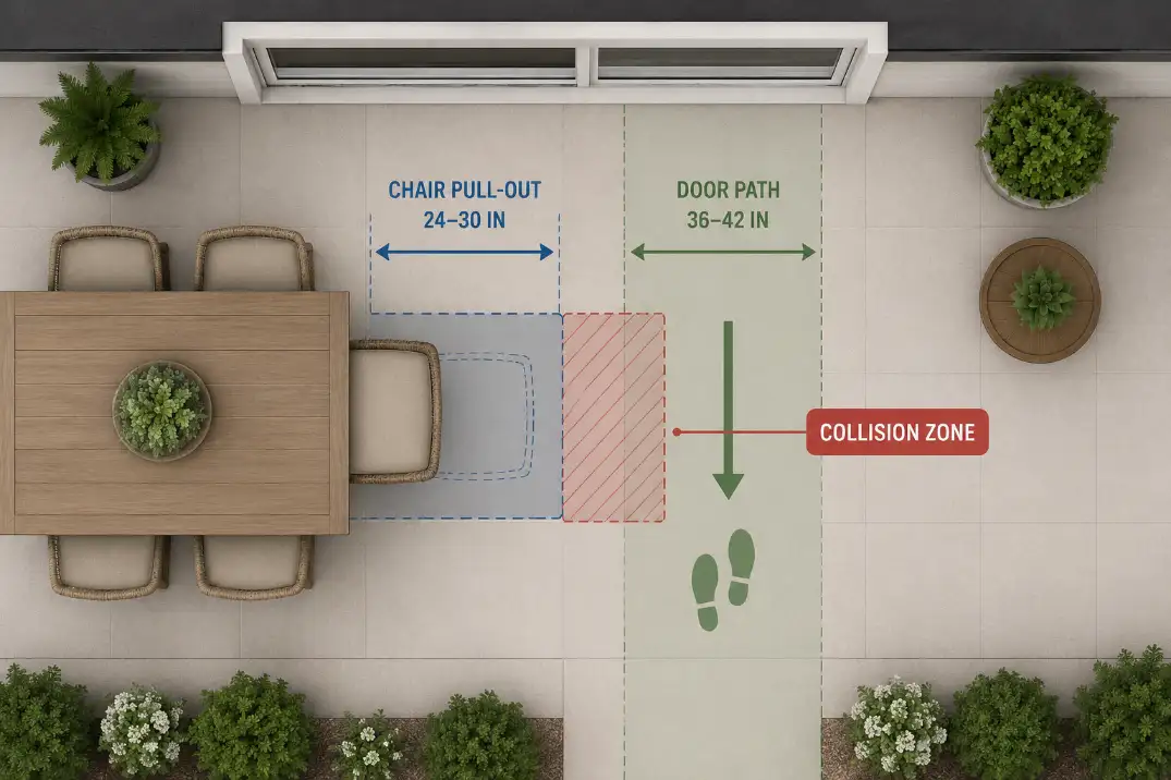 Top-down diagram showing dining chair pull-out clearance colliding with the back door walking path on a patio.