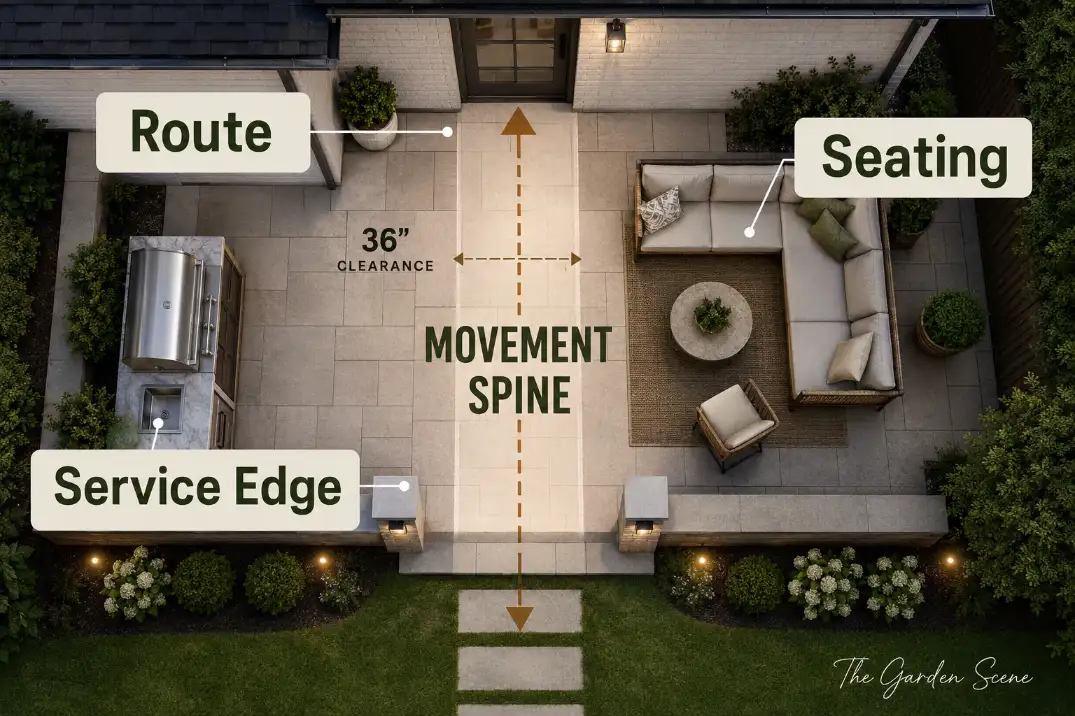 Overhead patio flow diagram showing a clear movement spine from the house door past seating and service zones.