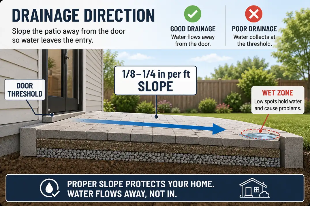 Diagram showing patio entry slope moving water away from the back door instead of pooling at the threshold.