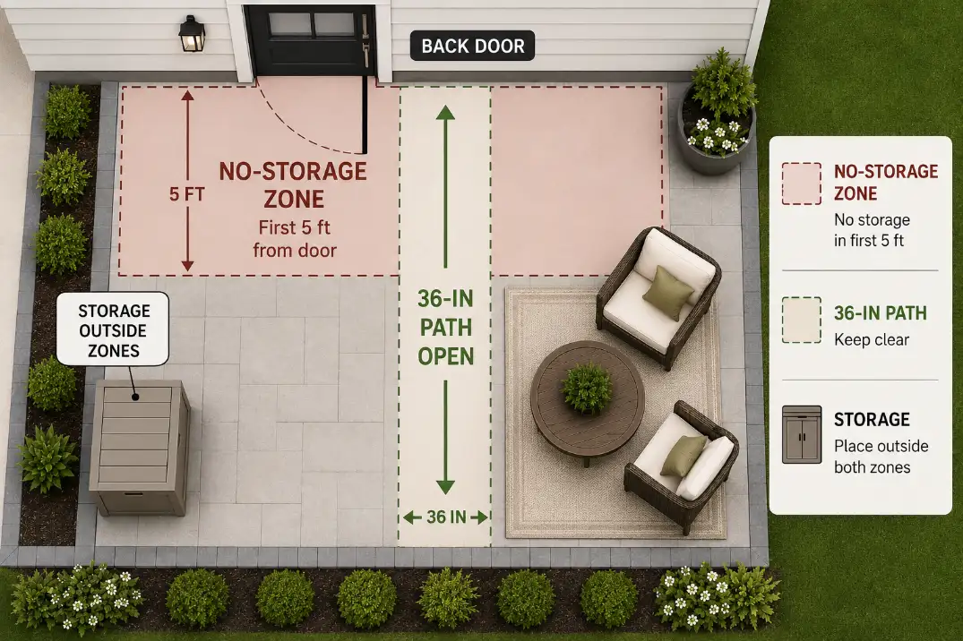 Overhead patio diagram showing a no-storage zone and 36-inch clear path at the entry.