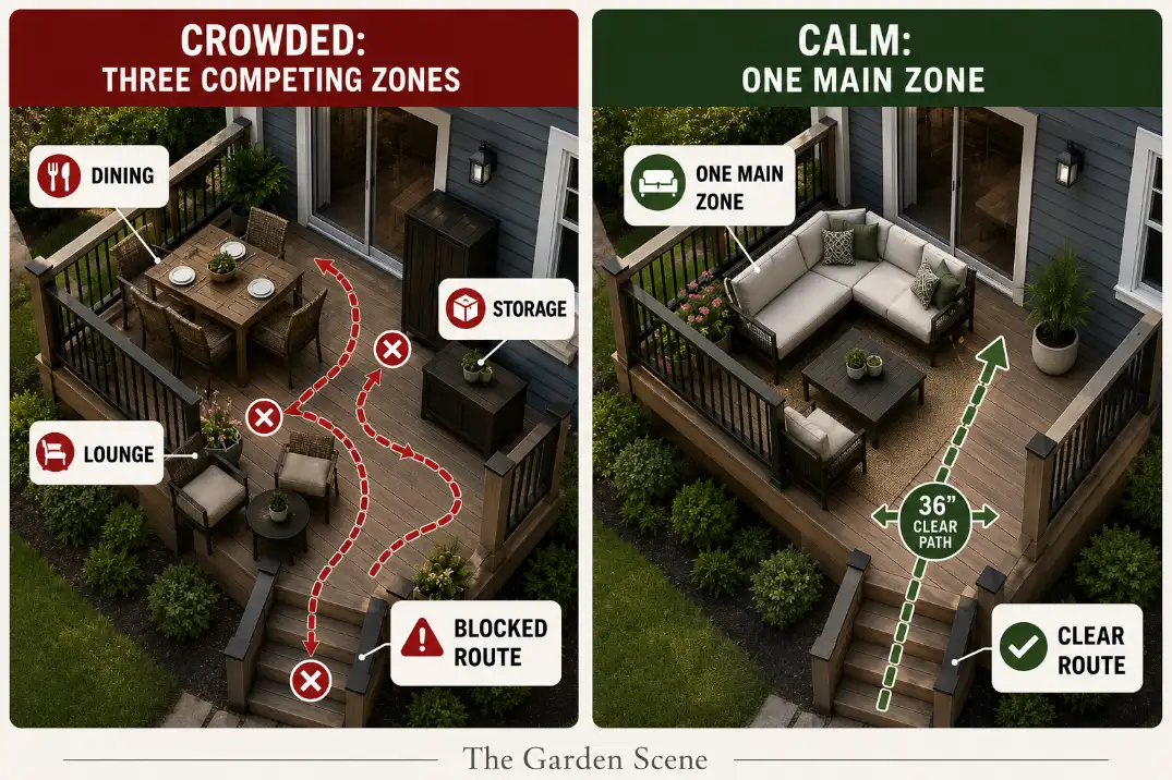 Comparison of a crowded small deck with competing zones and a calm small deck layout with one clear route.