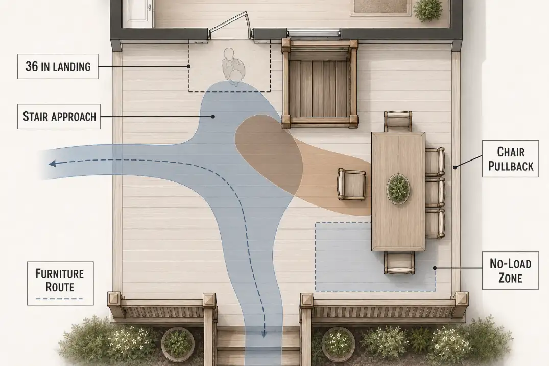 Top-down diagram of a raised deck showing a 36 inch landing, stair approach, chair pullback, and no-load zone.