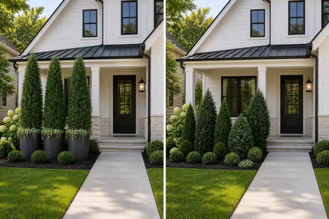 Comparison of tall planters and staggered compact evergreens for small front yard privacy without a fence.