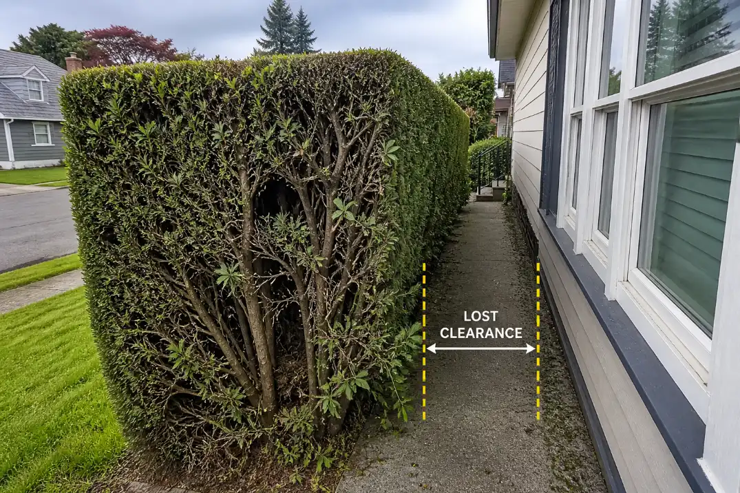 Front yard privacy hedge with woody gaps and overgrowth narrowing the walkway despite repeated pruning.
