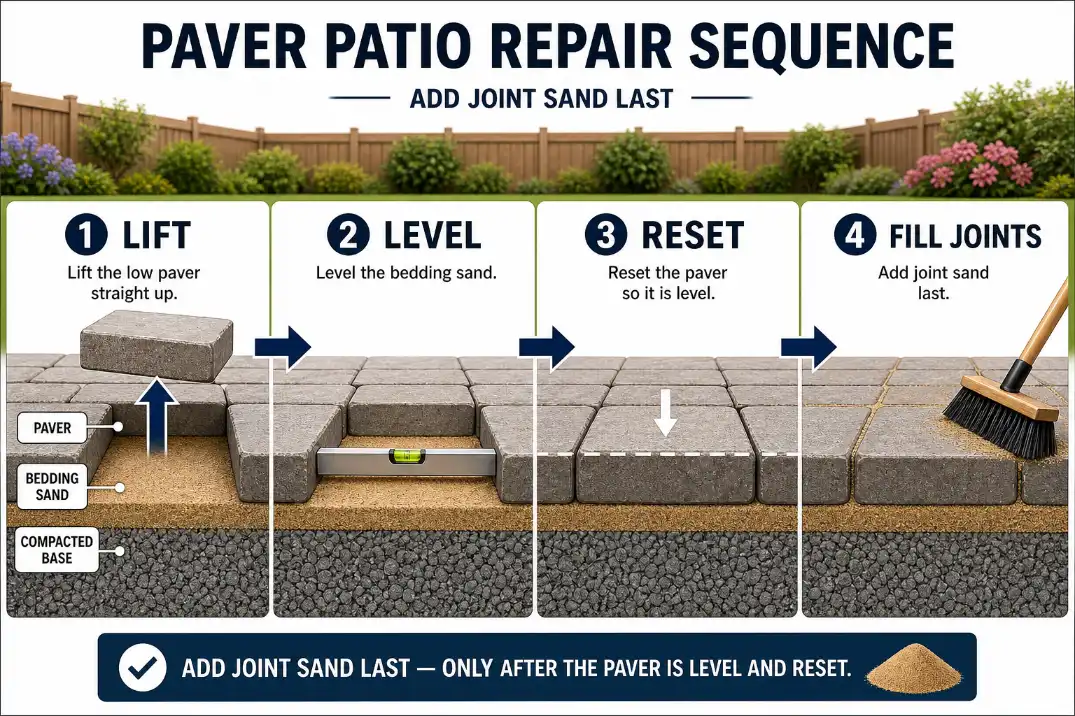 Cutaway diagram showing a low patio paver reset with leveling sand before polymeric sand is added to the joints.