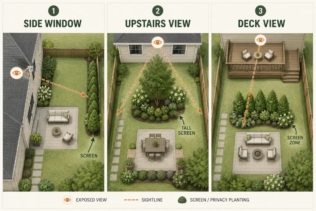 Overhead diagram showing three privacy landscaping layouts for side windows, upstairs windows, and neighbor deck views.