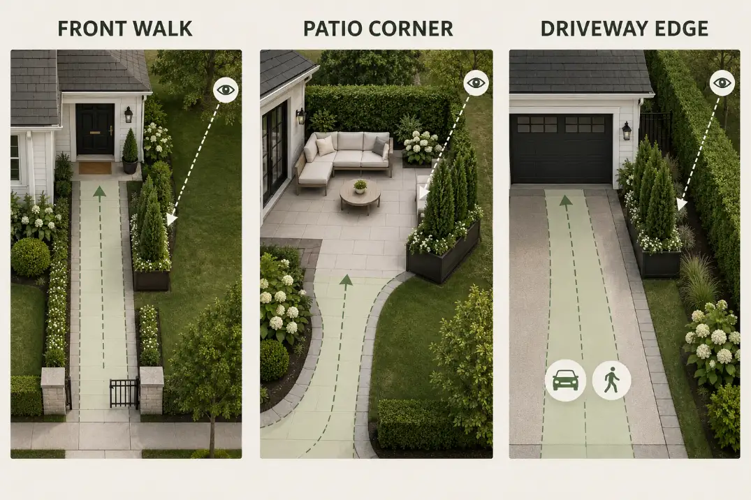 Overhead diagram of front walk, patio corner, and driveway edge privacy planter layouts that keep routes open.