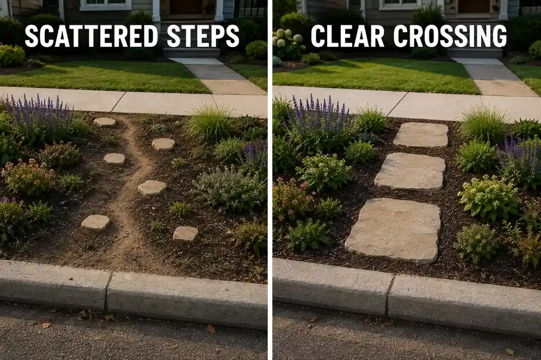 Before and after comparison showing scattered stepping stones replaced by one clear crossing through a planted sidewalk strip.