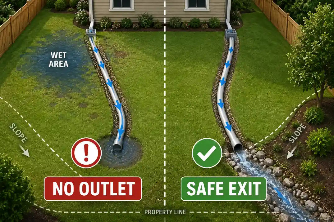 Overhead backyard drainage diagram comparing a buried pipe with no outlet against a drain line that reaches a safe downhill exit.