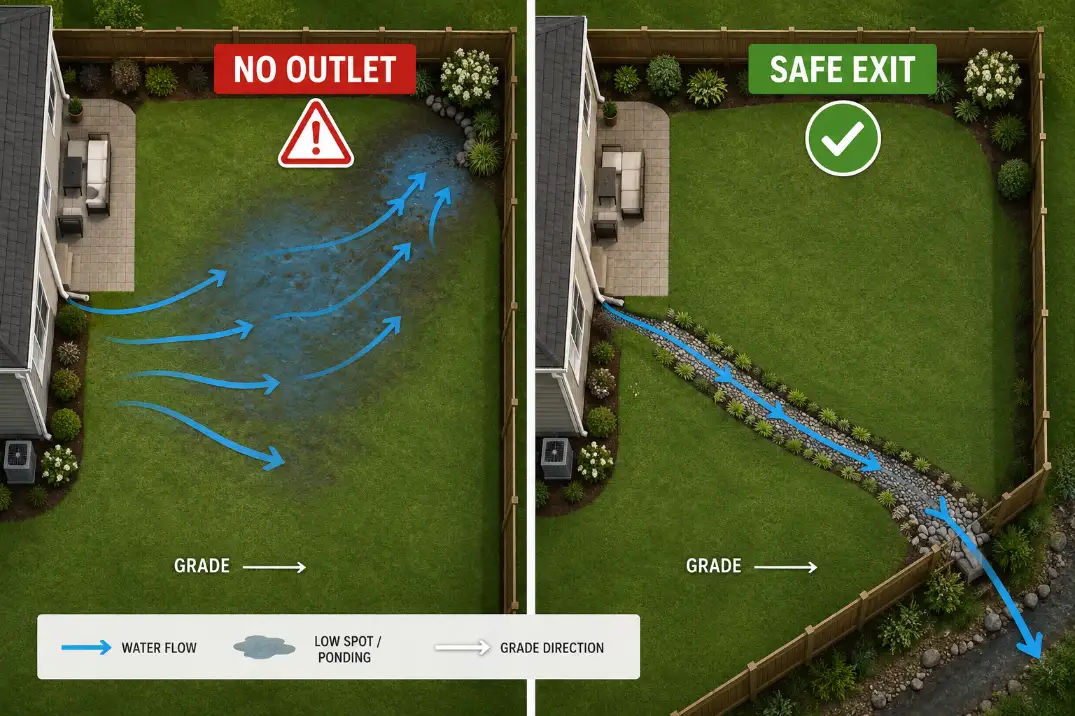 Backyard drainage outlet diagram showing one fix ending in a low spot and another reaching a safe lower exit.