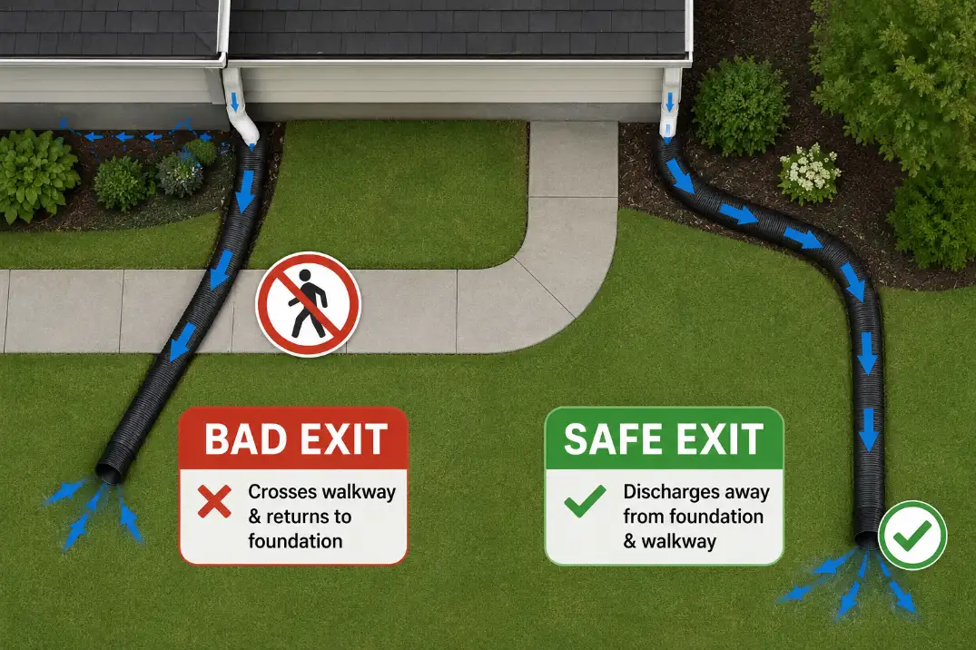 Overhead drainage diagram showing a bad downspout outlet crossing a walkway and a safe outlet discharging to lower lawn.