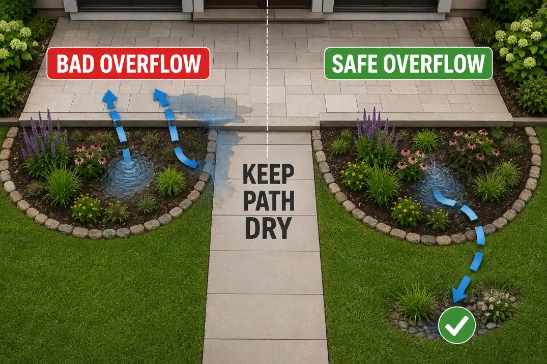Overhead drainage diagram showing bad rain garden overflow crossing a patio edge versus safe overflow routed to lower lawn.
