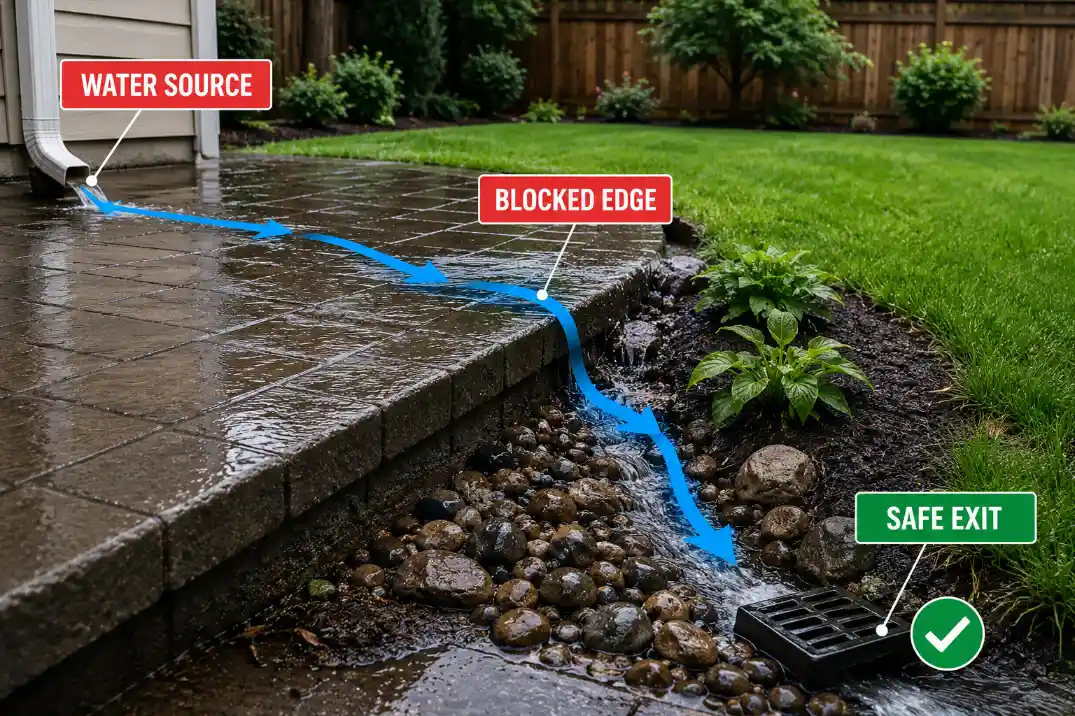 Backyard drainage scene showing water source, blocked edge, and safe exit before choosing a fix.