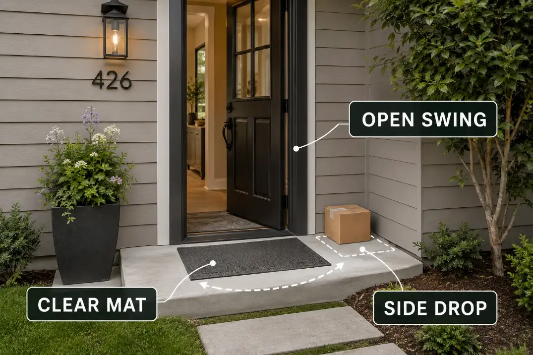 Tiny no-porch front entry showing a clear mat, side package drop area, open door swing, and one side planter.