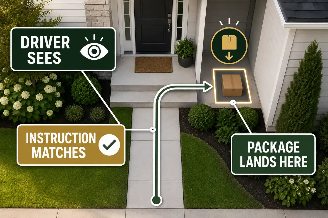 Overhead front entry diagram showing delivery instructions matching a visible side package drop zone.