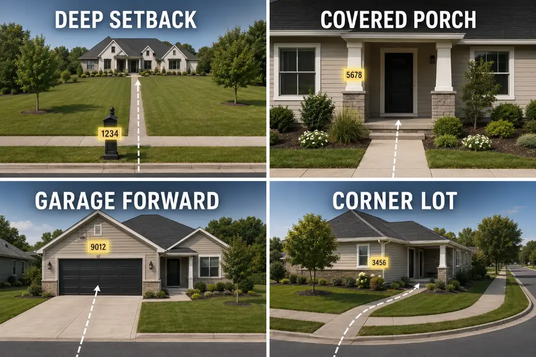 Four-panel front yard diagram showing the best house number placement for deep setback, covered porch, garage-forward, and corner-lot homes.
