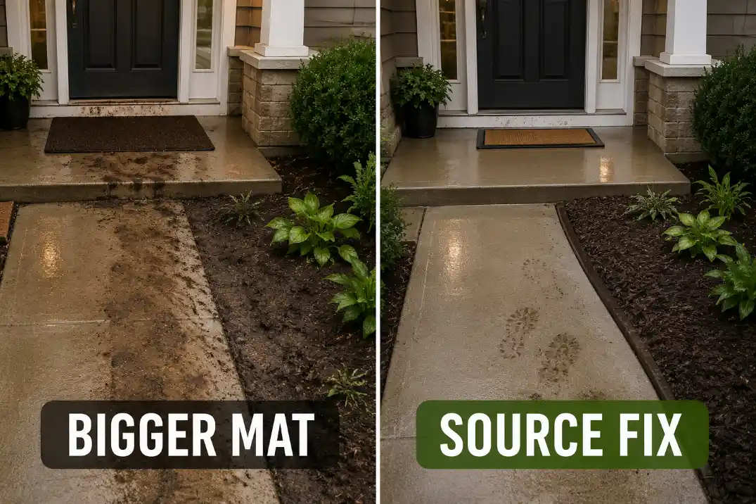 Comparison of a muddy front entry with a larger mat versus a corrected walkway edge and covered soil source after rain.