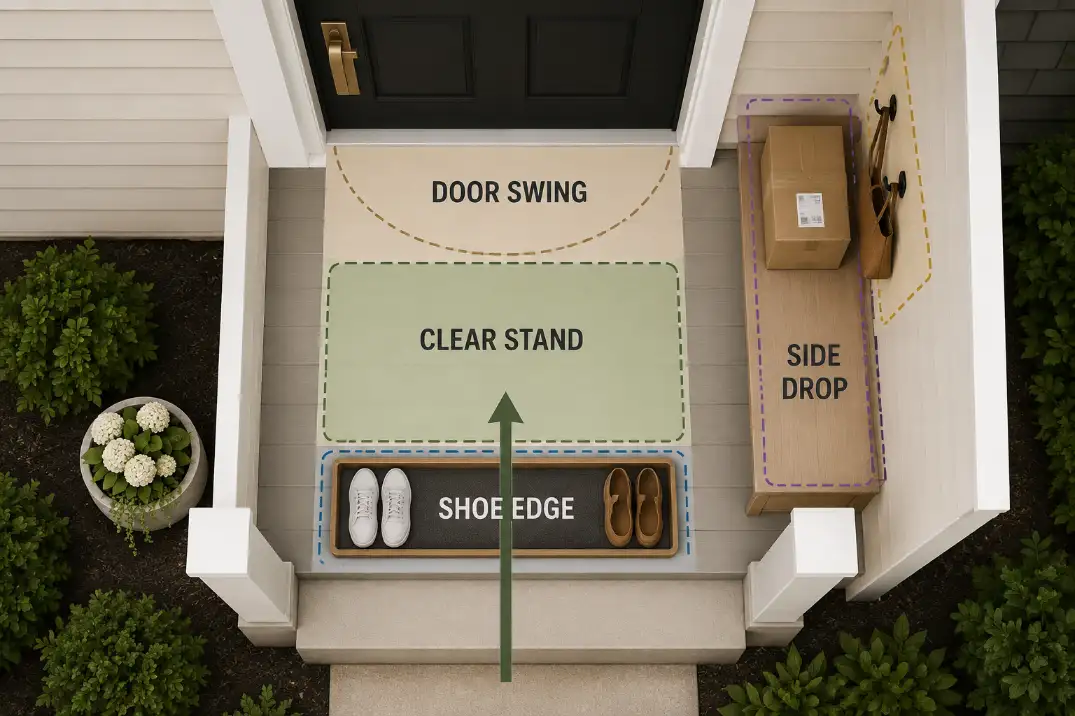 Overhead small front porch layout showing door swing, clear standing zone, shoe edge, side package drop, and planter outside the path.