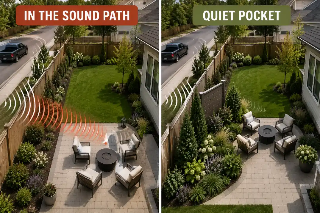 Comparison of backyard seating exposed to a noisy edge versus seating shifted behind a partial screen and planting layer.