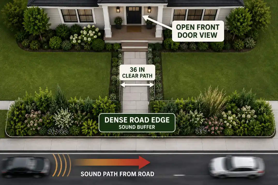 Overhead front yard diagram showing a dense road-edge buffer with a 36-inch clear path to the front door.