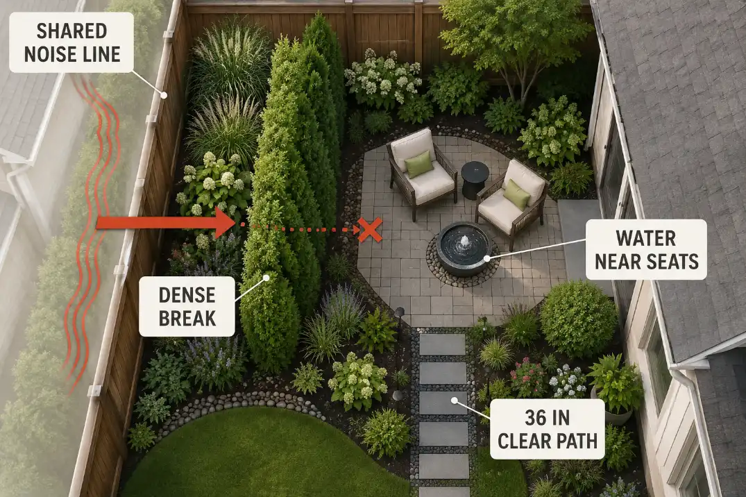 Overhead backyard diagram showing a calm seating pocket with a dense screen, planting layer, water sound, and clear walking path.