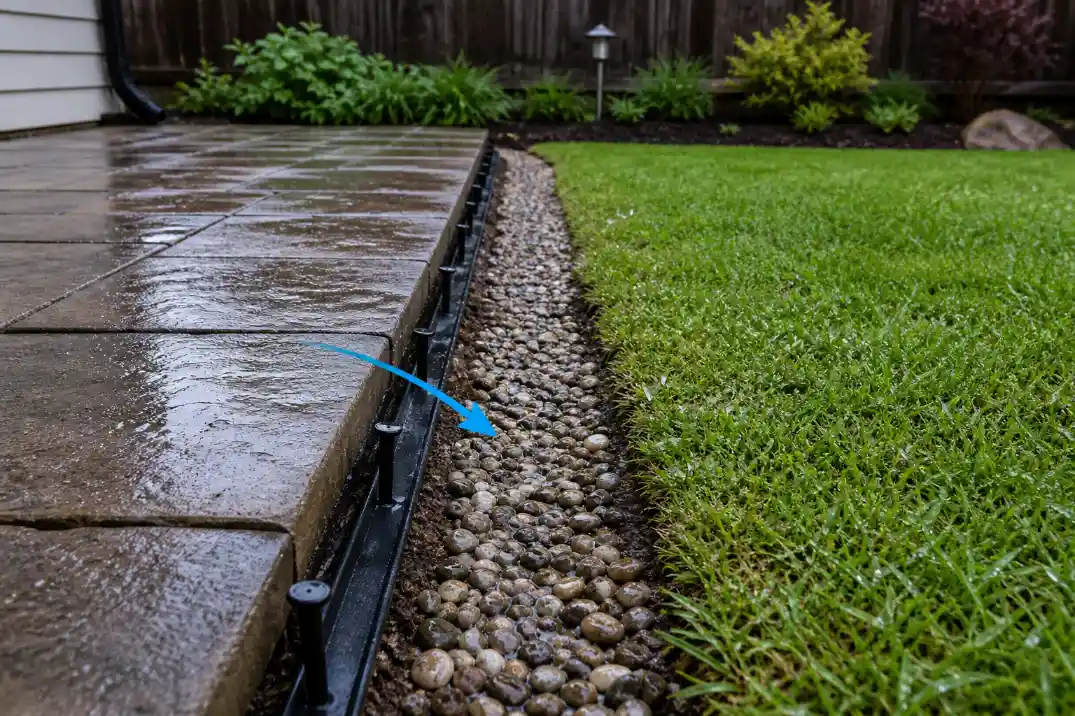 Paver patio edge with restraint and gravel drainage strip helping manage water in a wet backyard.