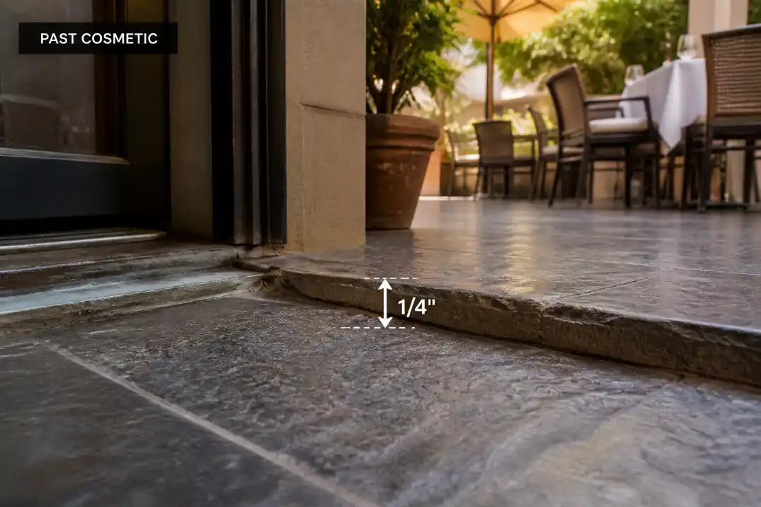 Patio edge with a 1/4 inch height difference marked by a simple overlay showing when surface repair is no longer enough.