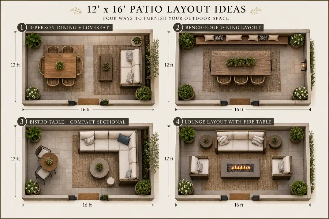 Four more 12x16 patio layout ideas including a loveseat dining setup, bench-edge dining, compact sectional with bistro table, and a fire-table lounge layout