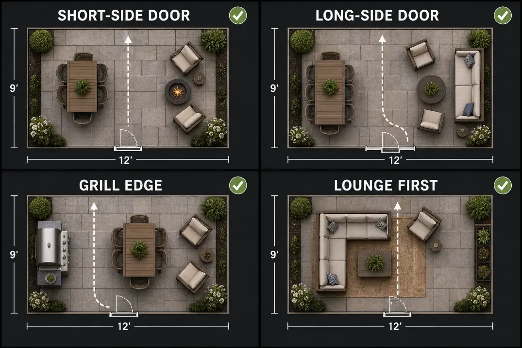 Four 9x12 patio layout options based on short-side door, long-side door, grill edge, and lounge-first use.