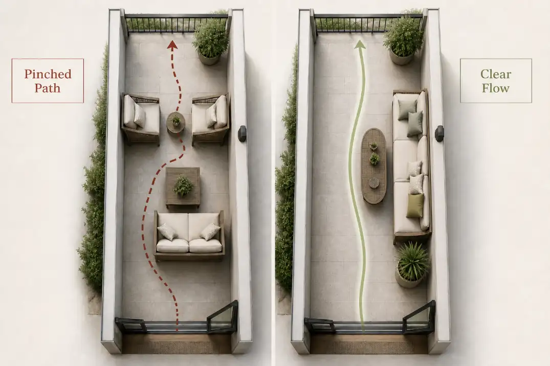 Comparison visual showing a pinched furniture path versus a clear flow layout on a long narrow patio.