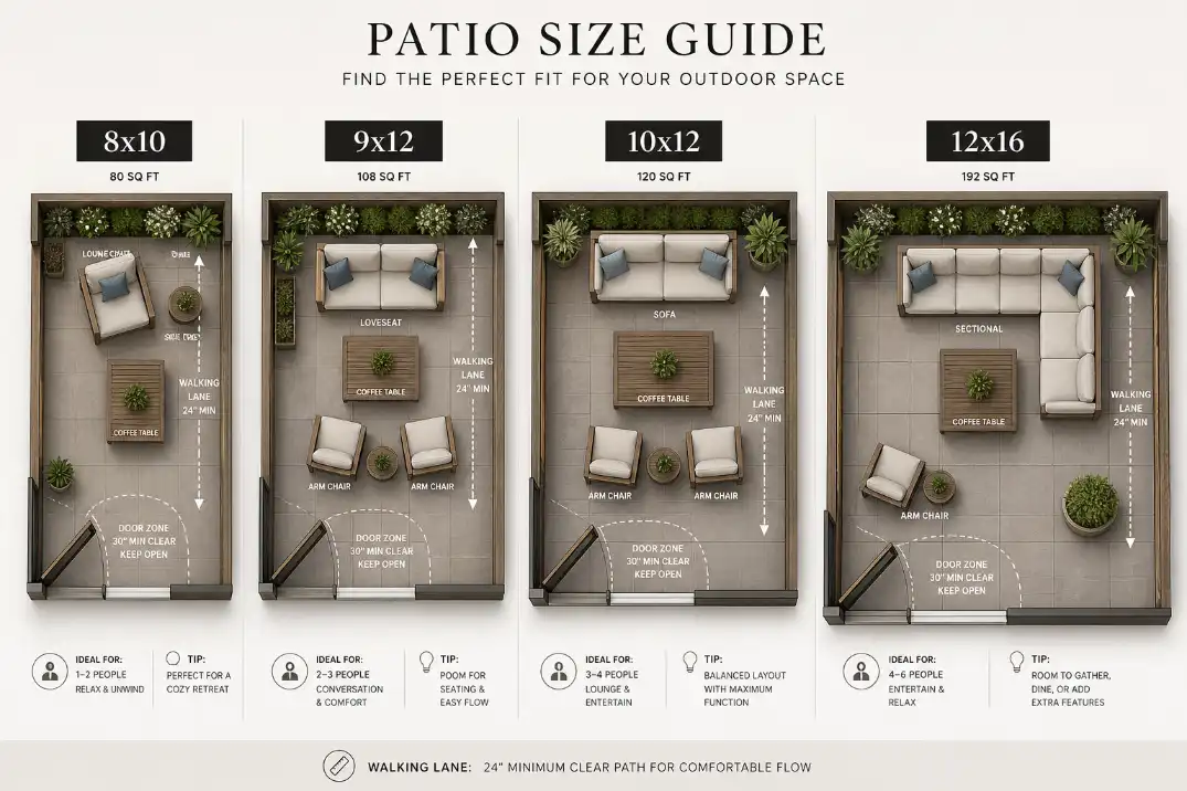 Four-panel overhead layout guide matching 8x10, 9x12, 10x12, and 12x16 rectangular patios to suitable furniture arrangements.