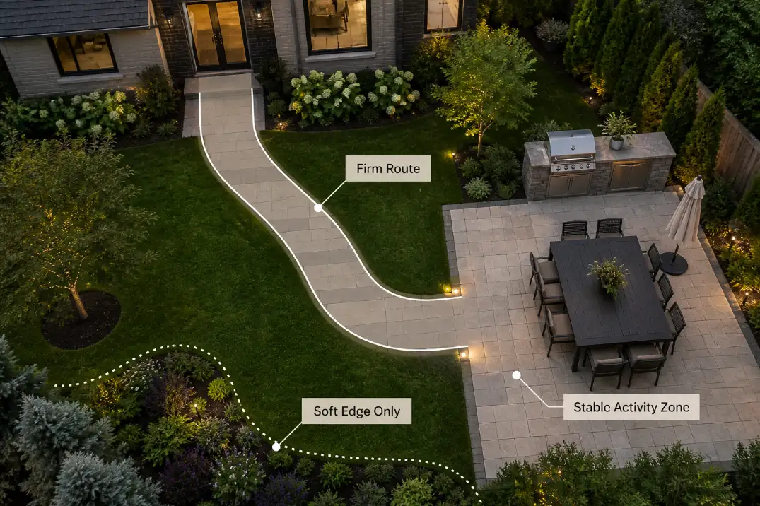 Backyard layout showing firm surface zones for the main walking route and dining area with softer surfaces used at garden edges.