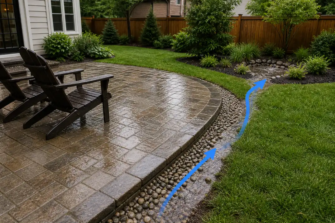 Backyard paver seating area with gravel drainage strip directing runoff away from the patio.