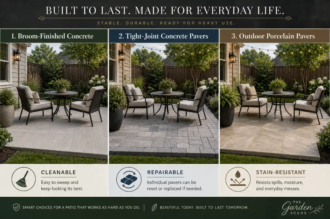 Premium comparison visual showing broom-finished concrete, concrete pavers, and porcelain pavers as durable patio replacements for heavy-use small backyards.